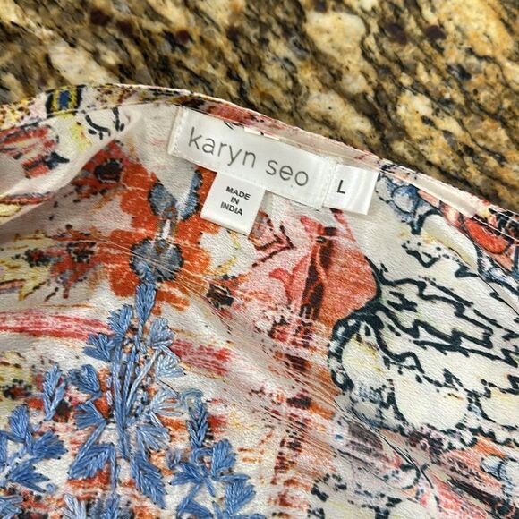 Karyn Seo Carmen Boho Embroidered Printed Silk Blend Dress Size L - Picture 7 of 11